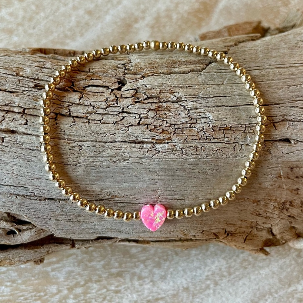 Heart bracelet -Handmade 14k gold filled stretch lab created opal heart bracelet